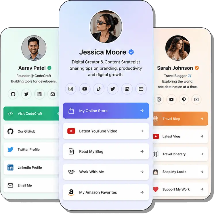 Three example bio-page themes for creators and businesses