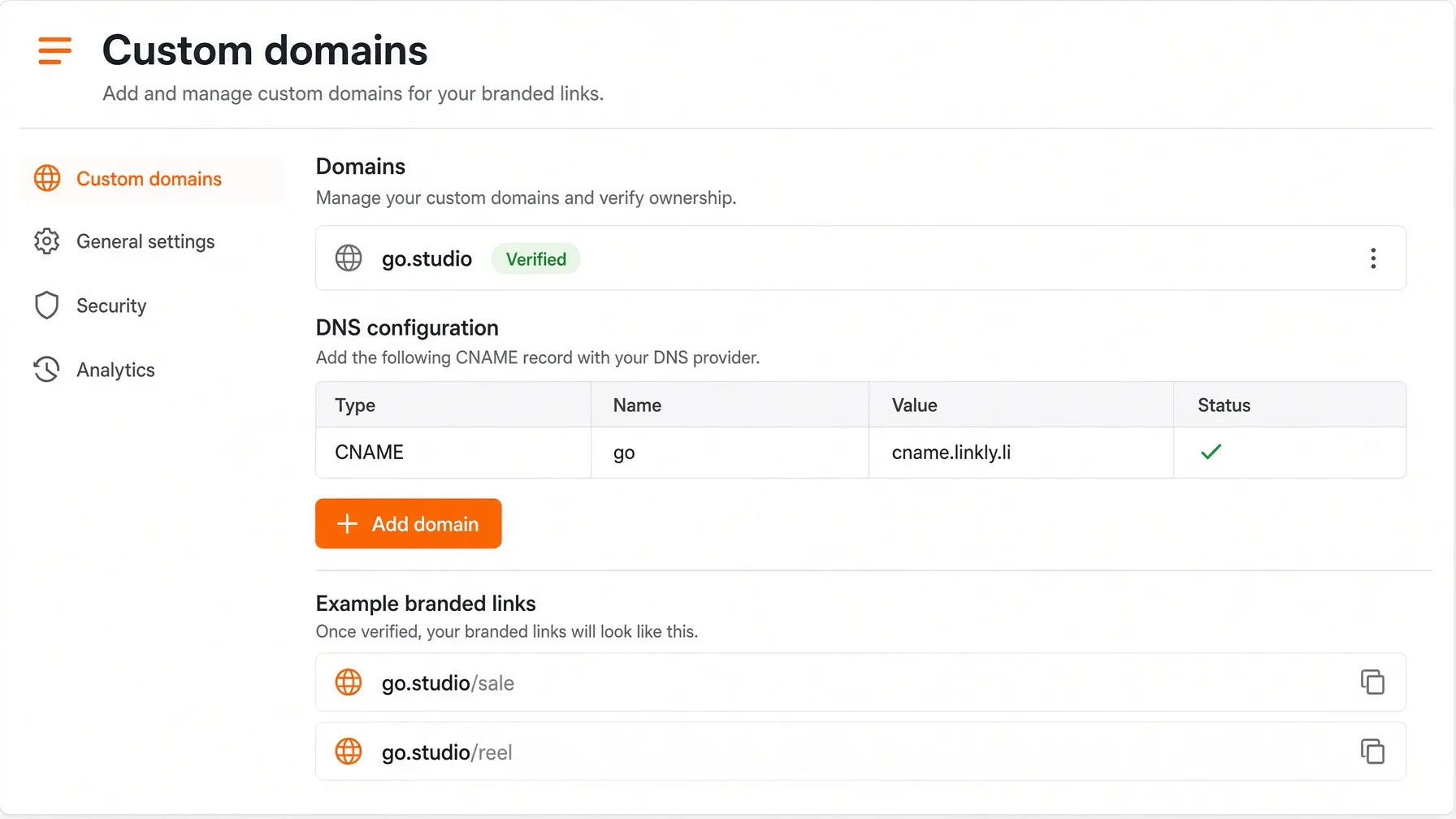 Custom domain verified with a CNAME record in Linkly