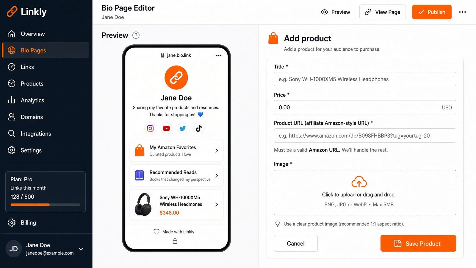 Linkly bio editor Add product form