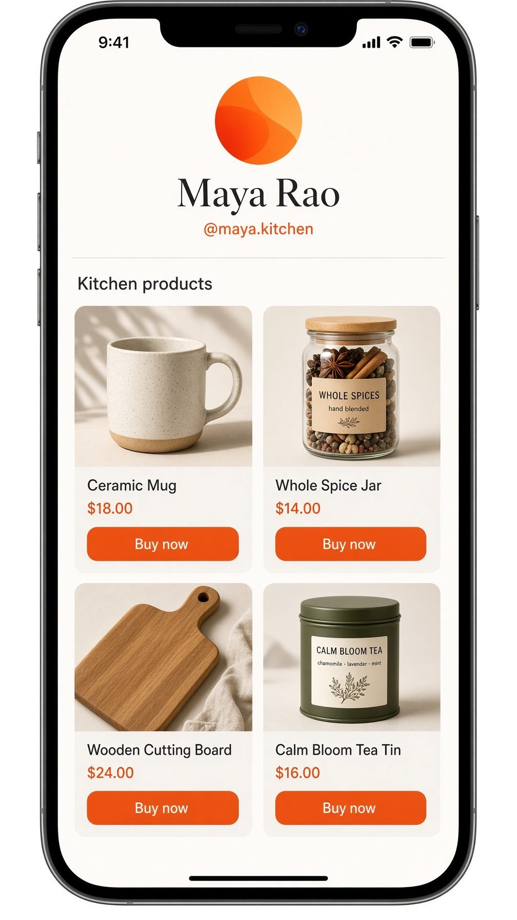 Linkly bio page with product grid and Buy now buttons